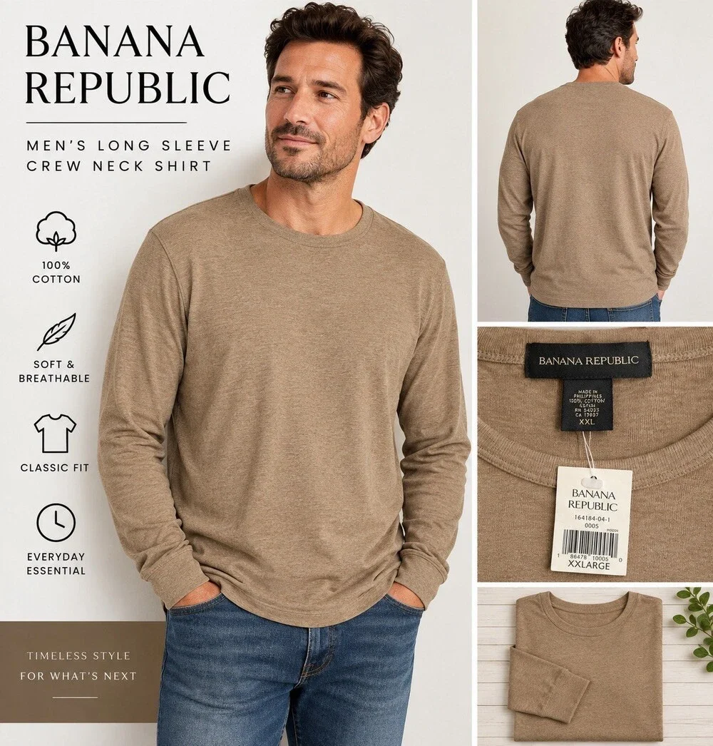 Banana Republic Men’s XXL Long Sleeve Crew Neck Shirt 100% Cotton Tan